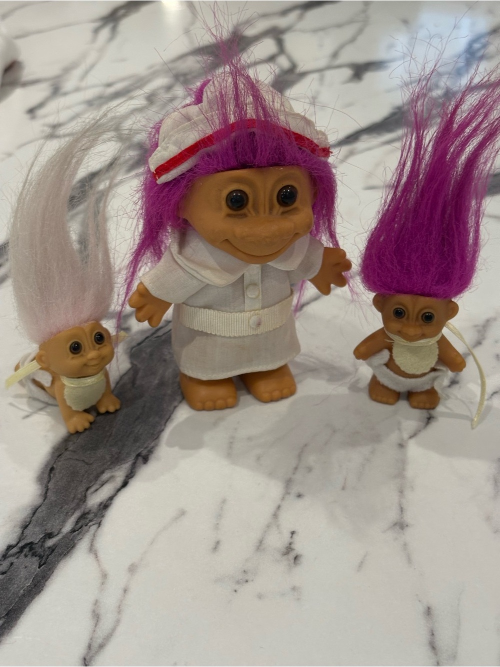 Lot 3 Vintage Russ Troll Dolls One Nurse 5” Pink Hair Two Baby Trolls W Bibs 2”